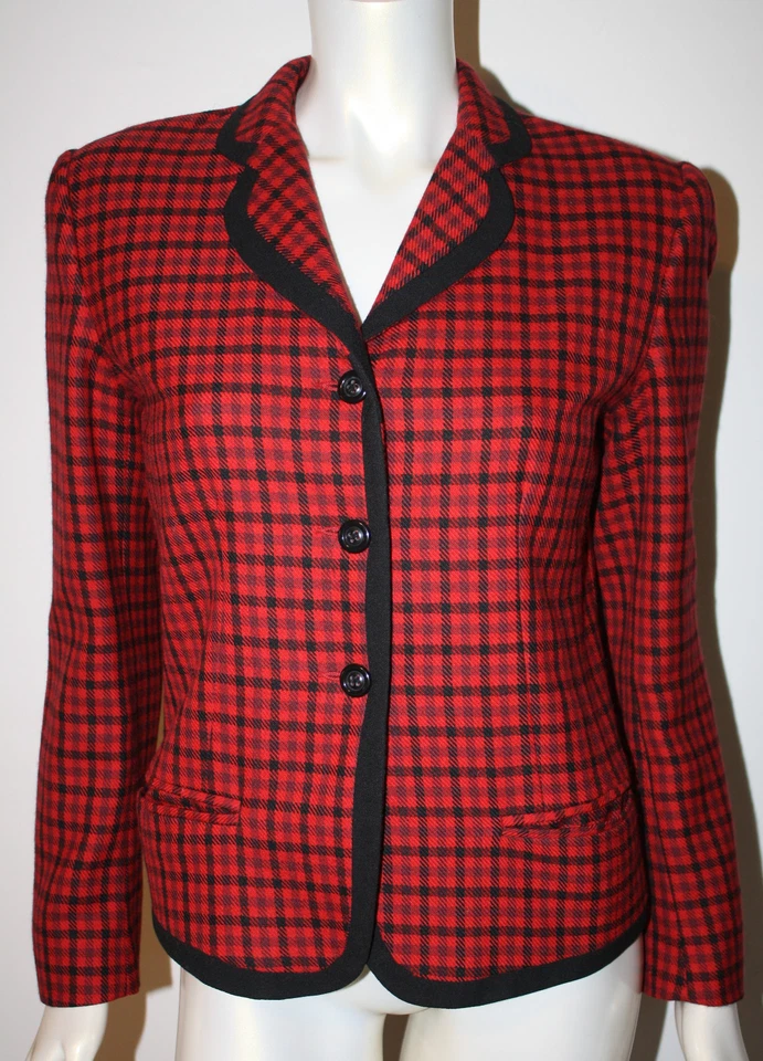 VINTAGE GEOFFREY BEENE Red Black Plaid Check Wool Jacket Blazer 6 - Image 1 of 4