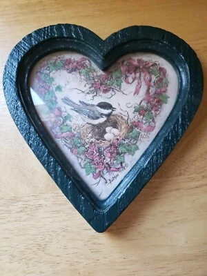 Barbara Mock 1987 Heart-Shaped Framed Bird & Floral Print 7x8" Vintage - Image 1 of 2