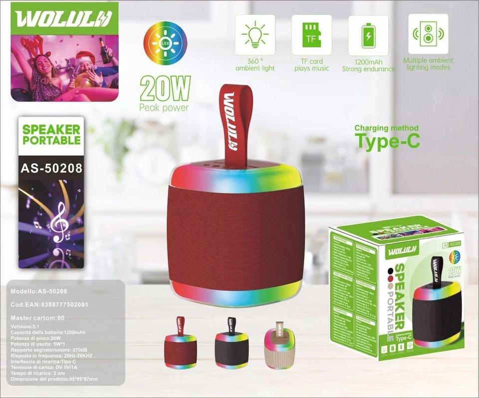 X Wolulu AS-50208 Portable Bluetooth Speaker 20W Avec Feux Prix 360° - Photo 1/1
