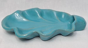 Stoneware Artisan Crafted Blue Leaf Shape Trinket Dish Holder 1.5x9x6" Signed - Picture 1 of 15