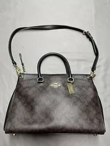 Coach F76643 Signature Canvas 2way Shoulder Handbag Brown Black Purse - Picture 1 of 24