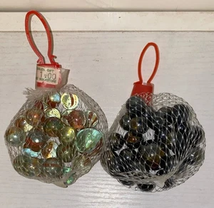 NOS Two Bags Vintage Marbles Cats Eye Large Small Silver Clear  Black - Picture 1 of 6
