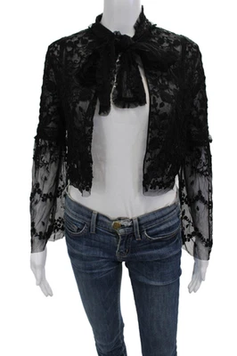 Aguja e hilo para mujer negro floral cuello alto corbata manga larga nailon talla 2 Foto 1 de 4