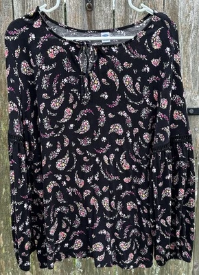 Top Campesino Floral Cachemira Azul Marino Antiguo Talla XL Corbata Cuello Negro Mangas Blusa Boho Foto 1 de 4