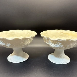 Pair Antique White Porcelain Pedestal Compote Bowls Roses Relief Victorian Style - Picture 1 of 8