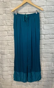 Elevenses by Anthropologie Wide Leg Palazzo Pants Teal Blue Satin Pinstripe Sz 2 - Picture 1 of 9