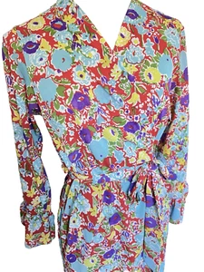 Vintage Nylon Smooth Robe Bright Floral Dressing Gown 60s 70s Semi Sheer 8 10 12 - Picture 1 of 14