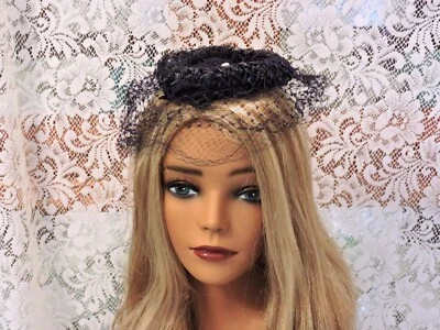 Vintage Ladies Navy Blue Woven Straw Juliette Ring w/ Netting - Image 1 of 4