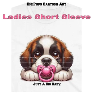 DigiPups Saint St Bernard Hund großes Baby rosa Schnuller Cartoon Damen T-Shirt - Bild 1 von 4