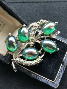Vintage Green Aurora Borealis Glass Cabochon Large Brooch 50’s - Picture 1 of 9