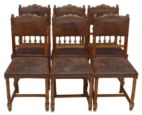 Antique, Chairs, Dining, (6) Six,  French HenriI II Style, Walnut, Early 1900's! Cover