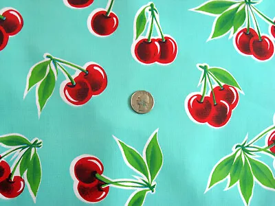 AQUA CHERRY VINYL OILCLOTH TABLECLOTHS DINING KITCHEN PATIO 6 SIZE 48x48-108 - Image 1 of 4