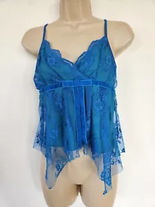 90s BAY TRADING Turquoise Teal LACE Layered Strappy Vest S UK 10 Cami Top Ribbon - Picture 1 of 24