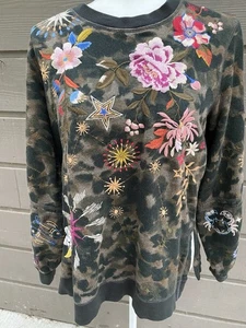 JOHNNY WAS BROWN CAMO CELESTIN EMBROIDERED SWEATSHIRT SIZE SMALL - Picture 1 of 11