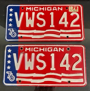 Vintage 1976 Michigan Bicentennial License Plate Set Pair VWS-142 Man Cave Decor - Picture 1 of 5