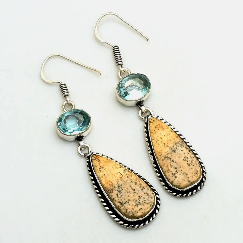 Picture Jasper Blue Topaz Gemstone Drop Dangle Earrings Jewelry 2.2" AE-92182 - Image 1 of 1