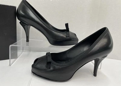 CHANEL Lambskin Peep Toe Pumps Size 6.5 Black Grosgrain CC Ribbon Authentic - Image 1 of 4