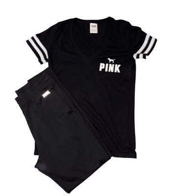 VS PINK Outfit Medium Victoria’s Secret  V-Neck Tee Ultimate Joggers Black Logo - Image 1 of 4
