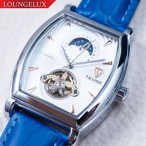 Mens Silver Chrome Moon Phase Automatic Mechanical Watch Blue Leather 24HR Dial - Picture 1 of 10