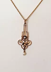 Antik 10K Gelbgold Damen Diamant & Perle Lavalier Anhänger (pspt6) - Bild 1 von 5