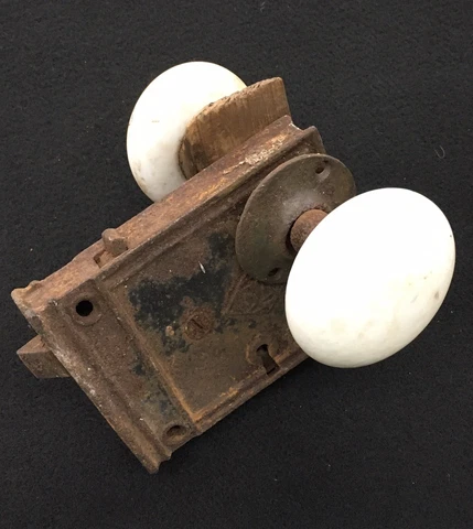 Antique R And E Cast Iron Lock Works with Brown and Black Ceramic Door Knobs Cover