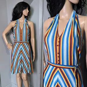 Vintage 70s Rainbow Stripe Belted Halter A line Silky Skater Dress 8 10 - Picture 1 of 7