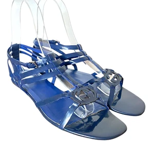 GUCCI Navy Patent Leather Strappy GG Logo Flat Sandals, Size 39.5 - Picture 1 of 12