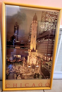 VTG Large FRAMED Chicago Water Tower City Scape Michigan Ave Art Print 19X31 - Picture 1 of 5