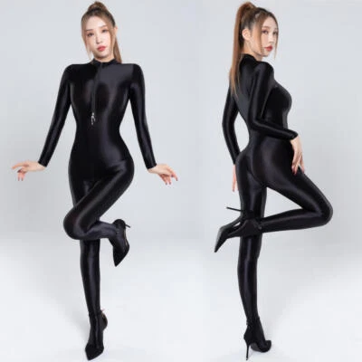 Women's Shiny Wet Look Catsuit Satin Glossy Bodysuit Zipper Open Crotch Jumpsuit - Image 1 of 4