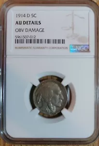 1914D Buffalo Nickel AU Details Obv Damage - NGC Graded KEY DATE - Picture 1 of 4