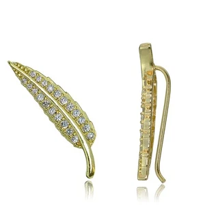Gold Tone over Sterling Silver Cubic Zirconia Leaf Crawler Climber Earrings - Picture 1 of 4