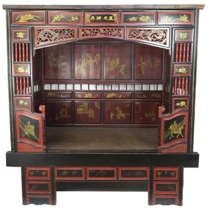 Antique Chinese Wedding Opium Bed, Red & Black w Gold Paintings & Woven Base - Picture 1 of 22