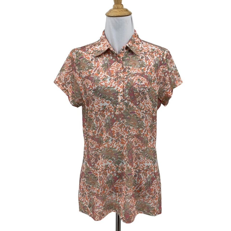 Daily Sports Shirt Women L Large Lisbeth Cap Sleeve Floral Snap Button Mesh Polo Foto 1 de 4