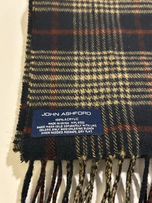 John Ashford Men's Scarf Neckwear Soft Acrylic Navy Tan Red Plaid Fringe 67"x14" - Image 1 of 4