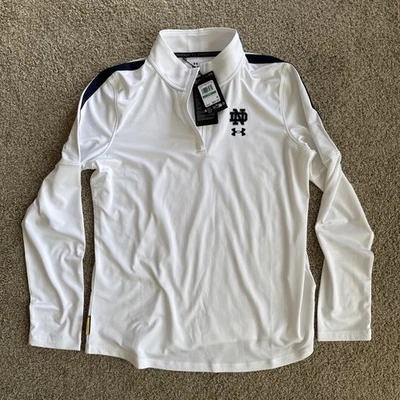 Camiseta de fútbol L Notre Dame Under Armour Playoff 1/4 cremallera para mujer nueva con etiquetas blanca $80 Foto 1 de 4