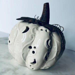 Ceramic Pumpkin Luminary Cream White Swirl Rustic Metal Leaf Fall Halloween 7” - Picture 1 of 8