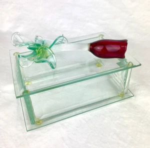 Vintage Beveled Glass Trinket Jewelry Box Hand Blown Glass Flower Floral Handle - Picture 1 of 11