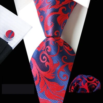 Nuevo Clásico Floral Azul Rojo Jacquard Seda Para Hombre Corbata Corbata Pañuelo Conjunto de Gemelos Foto 1 de 4