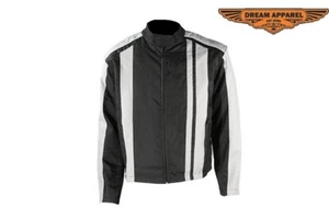 Men's Motorcycle Light Textile Jacket w/ White Multi-Striped Design & Pockets - Picture 1 of 8