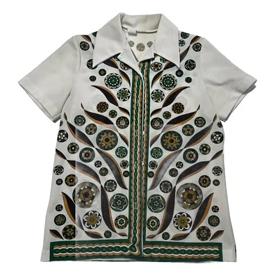 Blusa Vintage Años 60 Blanca Verde Años 60 Perla Camisa Abotonada Paisly Psicodélica Foto 1 de 4