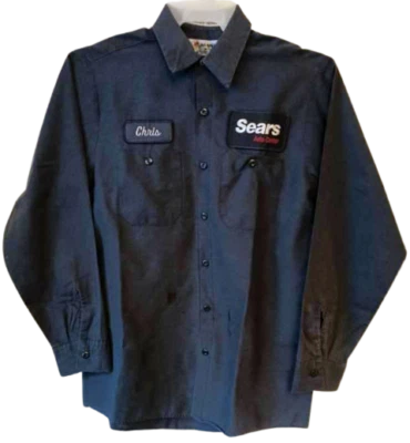ARAMARK SEARS AUTO LONG SLEEVE WORK SHIRT w/ "Chris" nametag; Navy Blue Medium ~ - Image 1 of 4