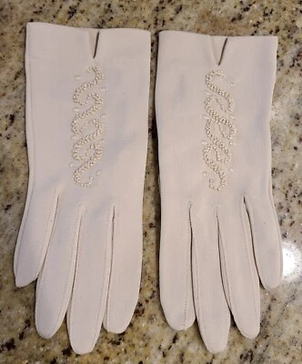 Luvas formais elásticas de náilon vintage tamanho S A 8" bege bordado floral cobra - Imagem 1 de 4