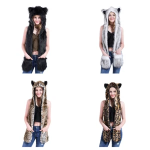 Animal Hat Hood Scarf Animal Ears Winter Cap With Paws Mittens For Costume - Picture 1 of 30