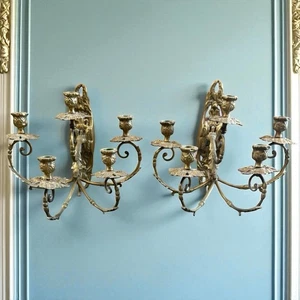 Pair Vintage Brass Candlebra Candle Sconces 5 Lite Ornate French Style Marked - Picture 1 of 24