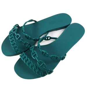HERMES Rivage Chaine d'Ancle Rubber Flat Sandals Green 37 Bag Made in - Picture 1 of 8
