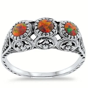 ANTIQUE STYLE 925 SOLID STERLING SILVER LAB-CREATED RED FIRE OPAL RING 271Z - Picture 1 of 1