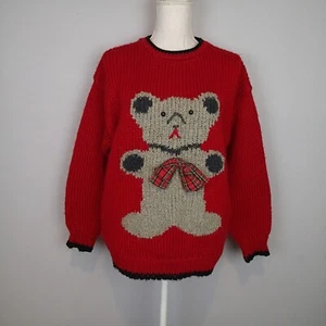 Vintage Evian II Hand Knitted Teddy Bear Sweater Size M top red bow pullover - Picture 1 of 13
