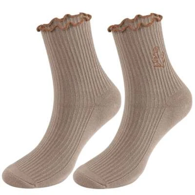 Women Cotton Soft Crew Socks Flowers embroid Solid Classic Sport Casual Mid Calf - Image 1 of 4