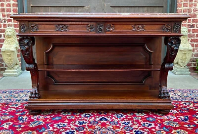 古董法国哥特式服务器餐边柜控制台桌 2 层核桃大理石上衣 — 第 1/4 张图片