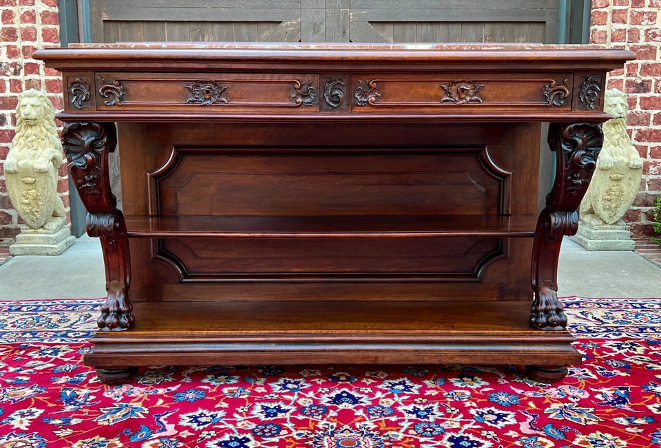 Antiguo aparador de servidor gótico francés mesa consola 2 niveles nogal mármol superior Foto 1 de 4